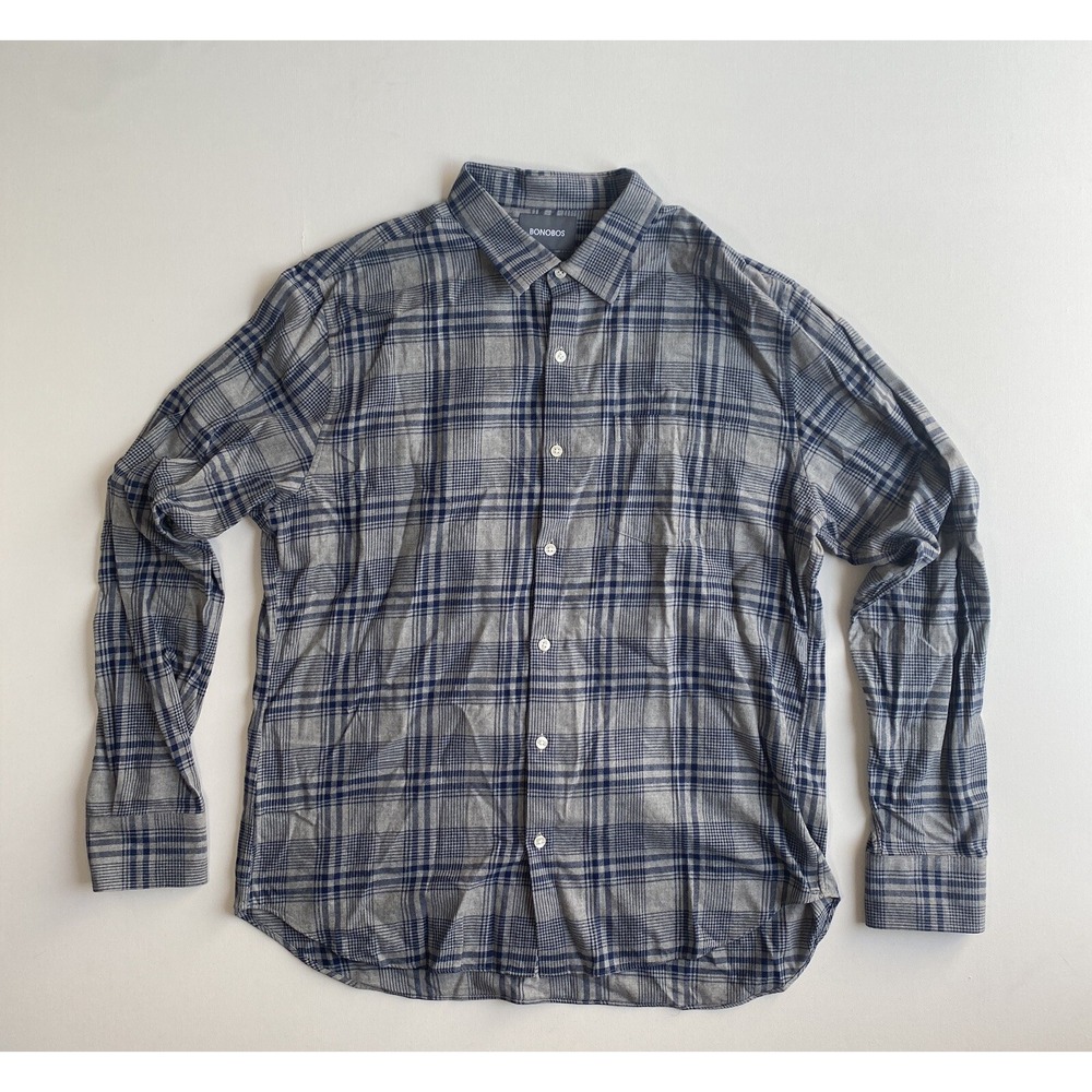 Bonobos XL Shirt Flannel Lightweight Slim Fit Cabin Grey Blue Plaid Button Down